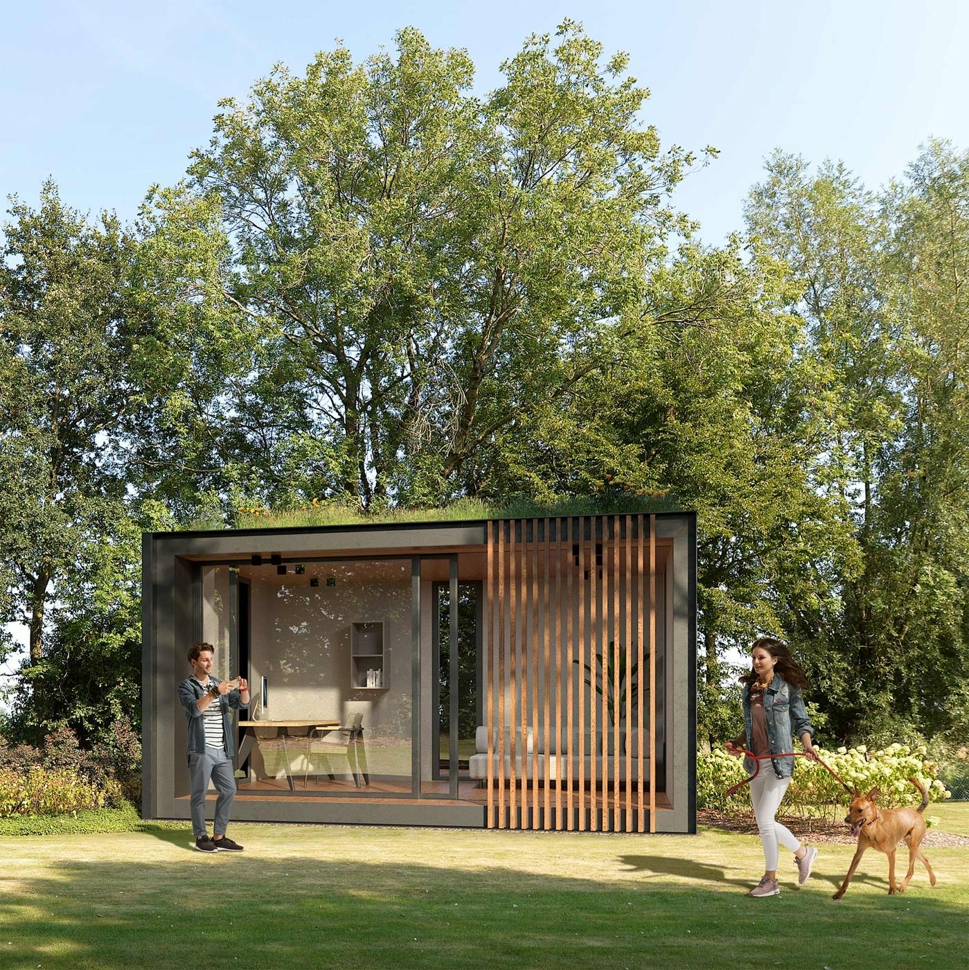 modern houten bijgebouw in tuin, gebruikt als tuinkantoor